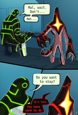 1_eye 4_fingers ambiguous_gender biped black_body blue_background circuit_markings countershading detailed_background dialogue duo fingers glistening glistening_body green_markings light looking_at_another male markings metallic_body overweight red_markings silver_countershading simple_background sitting speech_bubble spikes spikes_(anatomy) standing star_(marking) tail text white_body white_countershading lumen_fox ben_10 cartoon_network aether_(strawberryoverlord) fan_character malware_(ben_10) alien galvanic_mechamorph goo_creature comic english_text hi_res lighting shaded