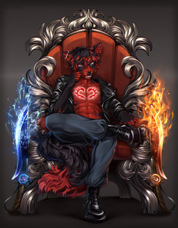 abs anthro biped boots bottomwear claws clothed clothed_anthro clothed_male clothing fingers footwear front_view hair jacket leather leather_clothing leather_jacket leather_topwear looking_at_viewer male navel pants piercing shoes sitting smile solo tail teeth topwear bastika canid canine mammal 2026 digital_drawing_(artwork) digital_media_(artwork) hi_res