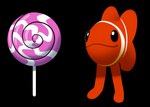 :3 ambiguous_gender black_background candy dessert food glistening glistening_eyes lollipop looking_at_viewer male no_pupils orange_body simple_background standing stripes white_stripes sillyseacreatur clownfish fish marine pomacentrid 4:3 digital_drawing_(artwork) digital_media_(artwork) meme