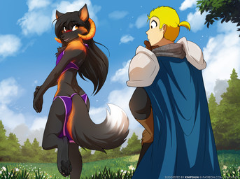 4_toes 5_fingers after_transformation alternate_species anthro armor biped black_body black_fur black_tail blonde_hair blush bottomwear brown_eyes butt cape cheek_tuft chest_tuft claws clothed clothed_anthro clothed_female clothed_human clothed_male clothing dialogue digitigrade dipstick_tail duo facial_tuft feet female finger_claws fingers fully_clothed fully_clothed_anthro fully_clothed_female fully_clothed_human fully_clothed_male fur furgonomics hair horn loincloth long_hair looking_at_another looking_back looking_back_at_another male markings midriff on_one_leg one_leg_up orange_eyes pauldron pawpads paws pelvic_curtain raised_leg rear_view skimpy speech_bubble standing tail tail_markings tail_motion tailwag text toe_claws toes topwear tuft conditional_dnp tom_fischbach twokinds keiren_(twokinds) madam_reni_(twokinds) canid canine fox human keidran mammal 2025 digital_drawing_(artwork) digital_media_(artwork) hi_res url