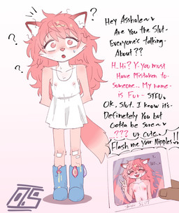 anthro bite_mark bodily_fluids clothed clothing condom cum dialogue female filled_condom fur genital_fluids hair happy insult long_hair looking_at_viewer nipples nude photo pink_body pink_eyes pink_fur pink_hair profanity ruined_reputation sexual_barrier_device simple_background smile solo stray_pubes sweat tail teeth text tongue topwear young oversleeper fur_(theterm) canid canine fox mammal digital_media_(artwork) english_text hi_res