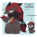 anthro biped black_body black_fur breasts dialogue duo featureless_breasts female fur male navel profanity red_body red_fur speech_bubble text svkhaiminh nintendo pokemon generation_5_pokemon pokemon_(species) zoroark zorua 1:1 english_text hi_res