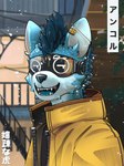 anthro biped blue_body blue_fur clothing ear_piercing ear_ring fur gold_piercing industrial_piercing jacket looking_at_viewer male piercing ring_piercing slim_anthro slim_male smile smiling_at_viewer snow snowing solo topwear visor visor_eyes yellow_clothing yellow_jacket_(clothing) yellow_topwear joyfultora hyena mammal 2024 bust_portrait portrait