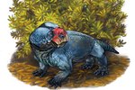 2016 5_toes ambiguous_gender beak blue_body blue_scales blue_skin bulbasaurus_(genus) bulbasaurus_phylloxyron c._matt._celeskey colored dicynodont feet feral formal_art full-length_portrait head_turned leaf plant portrait prehistoric_species pupils quadruped red_beak red_eyes scales shrub side_view signature solo toes tusks