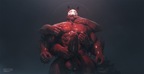 6_arms abs anthro balls biceps big_balls big_penis black_body black_sclera claws dark_room erection finger_claws finger_in_mouth genitals halo hand_on_penis huge_penis logo male multi_arm multi_limb muscular muscular_anthro muscular_male nipple_fetish nipple_pinch nipple_play nude open_mouth pecs penis pinch red_body red_lighting slime solo tail white_eyes white_mask takahirosi changed_(video_game) puro_(changed) canid canine canis goo_creature mammal wolf 2026 artist_logo hi_res