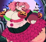 alternative_fashion anthro belly big_belly big_breasts bottomwear breasts brown_body brown_fur clothed clothing clown costume dancewear detailed_background dress female food fruit fur hair holidays lips makeup obese obese_anthro obese_female overweight overweight_anthro overweight_female pigtails pink_body pink_fur pink_hair pink_nose plant powder_puff_tutu pumpkin skirt smile solo thick_lips thick_thighs topwear trick-or-treating tutu white_body white_fur wide_hips lionberrymochi halloween rin_kumoshiko bat felid feline lion mammal pantherine absurd_res hi_res