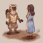 anthro brown_body brown_fur brown_hair clothing digitigrade dress duo female footwear fur gesture gloves_(marking) hair jewelry long_hair male markings necklace orange_hair shoes simple_background smile spots spotted_body spotted_fur tan_body tan_fur three-quarter_view waving white_background young c_rowles_(artist) gnoll human hyena mammal 2022