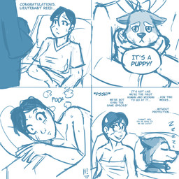 ambiguous_gender anthro bed bed_sheet bedding bodily_fluids collar dialogue different_sound_effects doctor dream duo eyes_closed female feral fur furniture hair implied_pregnancy interspecies male multicolored_body multicolored_fur neonate nervous nightmare on_bed onomatopoeia pillow poof_effect psssh simple_background slave sleeping smile sound_effects sweat sweatdrop text two_tone_body two_tone_fur under_covers vowelless vowelless_sound_effect white_background wishbone_mouth young young_ambiguous young_feral zzz heresy_(artist) twokinds alice_reed brutus_(twokinds) canid canine canis human keidran mammal wolf 1:1 2017 blue_and_white digital_media_(artwork) english_text hi_res monochrome sketch