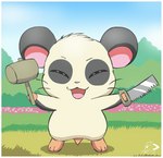 black_body black_fur border eyes_closed feral fur hammer logo male saw solo tools white_body white_border white_fur pichu90 hamtaro_(series) panda_(hamtaro) cricetid hamster mammal rodent artist_logo