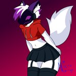 anthro canid canine femboy fox fur highlights_(coloring) machine male mammal micromango midriff navel protogen purple_ears purple_highlights solo white_body white_fur