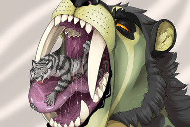 big_fangs black_nose bodily_fluids cheek_tuft duo erection facial_tuft fangs foreskin fur genitals green_body green_fur grey_body grey_fur grinding_on_tongue head_tuft humanoid_genitalia humanoid_penis in_mouth looking_pleasured lying male male/male micro mouth_play mouth_shot narrowed_eyes neck_tuft nude on_front open_mouth penis penis_on_tongue simple_background smile striped_arms sweat sweaty_face teeth tongue tongue_out tuft vore swampjaws swamp_jaws_(imperatorcaesar) felid mammal hi_res