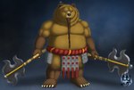 5_toes anthro armor axe beard bottomwear brown_body brown_fur clothing facial_hair feet fur holding_object holding_weapon loincloth long_beard maine male musclegut muscular plantigrade red_rope rope slightly_chubby solo tassels toes warrior weapon dzkribblerluiz dreamworks kung_fu_panda bear mammal ursine