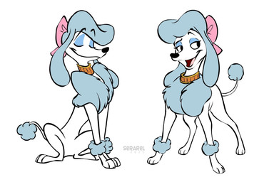 accessory black_eyes black_nose blue_body blue_eyeshadow blue_fur bow_ribbon collar eyebrow_through_hair eyebrows eyelashes eyes_closed eyeshadow female feral fluffy fur fur_hair gold_(metal) gold_collar hair hair_accessory hair_bow hair_ribbon half-closed_eyes makeup metal_collar mouth_closed narrowed_eyes open_mouth quadruped raised_eyebrow ribbons simple_background sitting smile solo standing tongue translucent translucent_hair white_background white_body white_sclera white_skin serareldeer disney oliver_and_company georgette_(disney) canid canine canis domestic_dog mammal poodle 2026 digital_drawing_(artwork) digital_media_(artwork) hi_res watermark