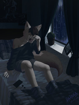 anthro bed_sheet bedding black_clothing black_hair black_topwear bodily_fluids bottomwear cellphone clothed clothing crying curtains electronics eyes_closed fangs fur grey_bottomwear grey_clothing grey_pants hair inside male open_mouth pants phone plant plant_pot potted_plant raining sad smartphone solo tan_body tan_fur tears teeth three-quarter_view topwear window papayafurry canid mammal 2020 3:4 absurd_res dated hi_res signature