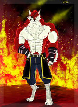 abs anthro bandage bandaged_leg biceps body_hair bottomwear chest_hair claws clothed clothing denim denim_bottomwear denim_clothing denim_shorts eye_patch eyewear fire fire_background fur fuzzy_tail gloves grin handwear illuminated male muscular muscular_anthro muscular_male nipples pecs pubes red_body red_fur shorts smile solo tail thick_tail topless topless_male yellow_eyes machki12_ka rex_(takemoto_arashi) canid canine canis domestic_dog mammal absurd_res hi_res