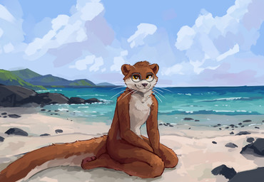anthro beach blue_sky brown_body brown_eyes brown_fur cloud detailed_background eyewear eyewear_only fur glasses glasses_only kneeling looking_at_viewer male nude rock round_glasses sand sea sky snout tail water wearing_glasses whisker_spots whiskers white_body white_fur white_whiskers tazal mammal mustelid otter 2025 absurd_res digital_media_(artwork) digital_painting_(artwork) full-length_portrait hi_res painting_(artwork) portrait shaded