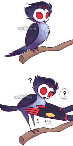 2_panel_comic 4_eyes 4_fingers avian_feet beak branch disembodied_hand duo empty_eyes feathers feral feral_focus feralized fingers grey_body grey_feathers leg_focus male multi_eye perching question_mark red_eyes red_fingers simple_background smile solo_focus tail tail_feathers text white_background wings norithelord hellaverse helluva_boss blitzo_(helluva_boss) stolas_(helluva_boss) avian bird demon imp owl 2021 artist_name comic hi_res watermark