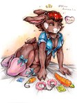 anthro blue_clothing blue_shirt blue_topwear bottomless braided_hair breasts brown_body brown_fur carrot carrot_dildo cleavage clothed clothing condom cuff_(restraint) dialogue dildo egg_vibrator female food fur genitals hair handcuffs heart_symbol improvised_dildo improvised_sex_toy kneeling legwear metal_cuffs plant pussy red_hair restraints sex_toy sex_toy_background sexual_barrier_device shirt solo stockings text thick_thighs thigh_highs topwear unused_condom vegetable vibrator wrapped_condom blue_formalin lagomorph leporid mammal rabbit 2022 english_text full-length_portrait hi_res portrait