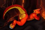 3_toes anthro balls blonde_hair butt claws feet genitals hair horn lying male nude on_front solo tail toe_claws toes volcano sylo mythology dragon mythological_creature mythological_scalie scalie 3:2 hi_res