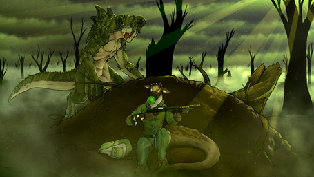 ambiguous_gender anthro backpack covering covering_crotch duo female feral foggy_background gas_mask gun heterochromia hiding hunting mask peril post-apocalyptic ranged_weapon shotgun wasteland weapon tren fallout microsoft mythology agalia_(bushdog) deathclaw dragon humanoid mythological_creature mythological_scalie night_stalker_(fallout) scalie 16:9 hi_res widescreen