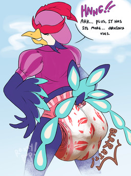 ambiguous_gender anthro beak clothed clothing dialogue diaper eyelashes eyes_closed feathers feces feces_bulge feces_stain grunting hat headgear headwear looking_back onomatopoeia pantsless pooping simple_background soiled_diaper soiling soiling_diaper solo sound_effects speech_bubble stained_diaper standing straining text topwear unclean_diaper used_diaper using_diaper wearing_diaper rexxypawz nintendo pokemon avian generation_9_pokemon pokemon_(species) quaquaval 2025 character_request digital_media_(artwork) english_text hi_res signature