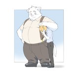 anthro belly big_belly bottomwear clothing duo humanoid_hands kemono male overweight overweight_male pants shirt size_difference suspenders topwear inunoshippo canid canine canis domestic_dog mammal 2022 hi_res