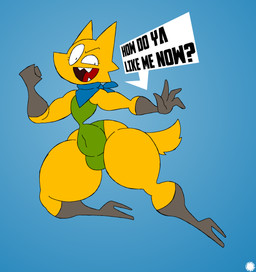 4_fingers anthro armwear boots cheek_tuft clothing curvy_figure dialogue elbow_gloves eyelashes facial_tuft fangs femboy fingers footwear fur gloves handwear high_heeled_boots high_heels kerchief knee_boots knee_highs legwear leotard logo looking_at_viewer male navel_outline pose shoes small_waist solo speech_bubble teeth text thick_thighs tuft wasp_waist wide_hips yellow_body yellow_fur thatdawgmurray murray_(thatdawgmurray) canid canine canis domestic_dog mammal 2025 aliasing artist_logo artist_name digital_media_(artwork) english_text hi_res signature