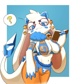 anthro bell blue_eyes book breasts claws clothed clothed_anthro clothing eyewear female fur glasses navel solo tail wearing_glasses white_body white_ears white_fur white_tail rokroc205 atlyss angela_flux oathkin_(atlyss) 2025