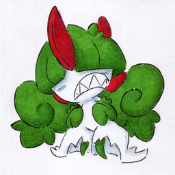 female green_hair hair sharp_teeth simple_background solo teeth white_background white_body shar0makai nintendo pokemon mo_(shar0makai) generation_3_pokemon pokemon_(species) ralts 1:1 2026 hi_res