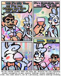 4_panel_comic alcohol anthro arm_hair beverage black_hair body_hair bow_tie bubble cheek_spots cheek_tuft clothing collared_shirt container cup dialogue drinking_glass drunk drunk_bubble duo facial_hair facial_tuft floppy_ears fur glass glass_container glass_cup hair half-closed_eyes male mustache narrowed_eyes overalls polo_shirt shirt smile speech_bubble substance_intoxication text topwear tuft white_body white_fur wide_eyed wine wine_glass yellow_body yellow_fur rawdawgcomics bingus_(rawdawgcomics) cataldo_(rawdawgcomics) bird_dog canid canine canis domestic_dog golden_retriever hunting_dog lagomorph leporid mammal rabbit retriever 4:5 comic english_text hi_res