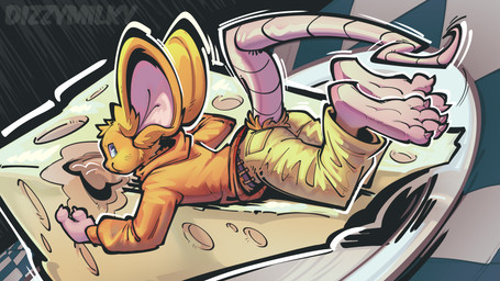 ambiguous_gender anthro bottomwear cheese clothing dairy_products eating feet food fur lying on_front orange_body orange_fur pants shoeless solo sweater topwear dizzymilky mammal mouse murid murine rodent 16:9 absurd_res digital_media_(artwork) hi_res widescreen
