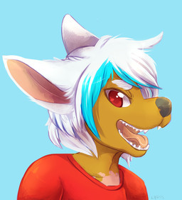 ambiguous_gender clothing hair hairless open_mouth red_eyes shirt simple_background solo tongue topwear white_hair lilpupper canid canine canis chinese_crested_dog domestic_dog hairless_dog mammal toy_dog 2015 bust_portrait portrait