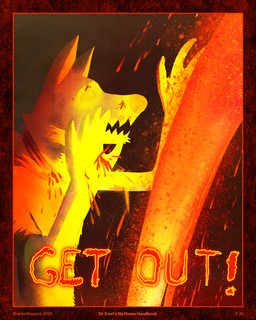 5_fingers anthro border burning fingers glowing hands_up lava male pouring red_text solo surprised text sharkinthepark rowel_(sharkinthepark) canid canine fox mammal 2025 4:5 absurd_res comic english_text hi_res