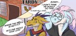 annoyed anthro clothing dialogue duo eyewear glasses horn male nervous nervous_sweat scarf sweater text topwear kyain mythology eugene_(alcitron) jump_riff_(alcitron) dragon kobold mythological_creature mythological_scalie scalie comic english_text hi_res