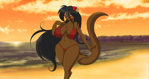 beach big_breasts bikini breasts clothing female flower huge_breasts plant seaside solo sunset swimwear two-piece_swimsuit mastergodai lei-lani mammal mustelid otter