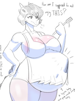 anthro apron belly big_belly big_breasts biped blush body_blush breast_blush breasts breath clothed clothed_anthro clothed_female clothing dialogue directional_arrow eyebrow_through_hair eyebrows facial_horn female fetal_kick fetal_movement fingers front_view hair half-closed_eyes hand_on_hip holding_object horn huge_breasts humanoid_hands medium_hair narrowed_eyes non-mammal_breasts panties pose pregnant pregnant_anthro pregnant_female side_boob smile smirk smug solo standing tail talking_to_self text translucent translucent_hair underbelly underwear preggyshork matilda_(preggyshork) dinosaur prehistoric_species reptile scalie 2025 3:4 english_text greyscale half-length_portrait hi_res monochrome pinup portrait shaded spot_color