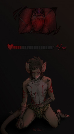 5_fingers anthro arrow_(weapon) blood blood_from_wound bodily_fluids crying fingers gameplay_mechanics gui hair health_bar heart_symbol leaf_clothing male nipples ranged_weapon solo tears weapon wounded kirkir bat mammal 2019 digital_drawing_(artwork) digital_media_(artwork) hi_res signature