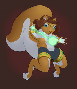 anthro attack blue_eyes bottomwear brown_background brown_hair clothing countershade_arms countershade_legs countershade_tail countershade_torso countershading crown featureless_chest feet female grey_bottomwear grey_clothing hair headgear inner_ear_fluff jumping legband magic midair neck_tuft simple_background solo tail thighband three-quarter_view tiara toeless_(marking) tuft white_body white_countershading olezheeck mammal rodent sciurid digital_media_(artwork) full-length_portrait hi_res portrait