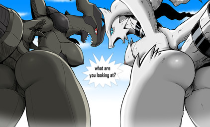 angry anthro anthrofied areola big_butt black_body black_nipples black_skin blue_sclera blush breasts butt claws cloud day dialogue duo eyelashes female fur genitals kemono looking_at_viewer looking_back low-angle_view nipples non-mammal_breasts nude open_mouth outside pokemorph red_sclera sharp_teeth simple_background sky speech_bubble teeth text vulva white_body white_eyes white_fur yellow_eyes nnecgrau mythology nintendo pokemon dragon furred_dragon furred_scalie generation_5_pokemon legendary_pokemon mythological_creature mythological_scalie pokemon_(species) reshiram scalie zekrom 2016 digital_media_(artwork) english_text lol_comments