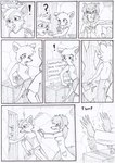 ?! anthro black_and_white blind bottomwear canid canine canis clothing coat comic dasyuromorph disability disintegrating door english_text exclamation_point female finger_to_mouth fur furniture group hair hand_on_shoulder hands_forward hiding kitfox-crimson lab_coat long_ears looking_aside looking_at_another looking_at_partner looking_away male mammal marsupial monochrome motion_lines multicolored_body multicolored_fur novus_(kitfox-crimson) onomatopoeia open_mouth pants pockets professor_virginia_burret pull_out recently_extinct_species rumour_(kitfox-krimson) screen shirt sign sketch sound_effects stolen_generation t-shirt table tank_top technology text thylacine topwear trio two_tone_body two_tone_fur