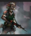 abstract_background anthro assault_rifle breath clothed clothing ear_piercing electronics fangs female fingerless_gloves gloves green_eyes gun hair handwear kerchief piercing radio ranged_weapon rifle simple_background solo teeth tomboy weapon kaitycuddle sybil_(deathhydra) hyena mammal striped_hyena 2014 digital_media_(artwork) shaded