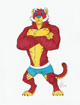 anthro blue_bottomwear blue_clothing blue_nose bottomwear clothed clothing crossed_arms front_view fur head_tuft male male_anthro markings mouth_closed muscular muscular_anthro muscular_male orange_body orange_fur simple_background simple_eyes solo standing striped_arms striped_legs striped_markings striped_tail stripes tail tail_markings topless tuft white_background yellow_body yellow_fur hufnaar felid mammal pantherine tiger 2018 dated full-length_portrait hi_res portrait