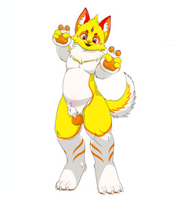 animal_genitalia anthro balls belly fully_sheathed fur genitals gesture hand_gesture magic_user male orange_body orange_fur sheath simple_background smile solo tail v_sign white_belly white_body white_fur yellow_body munimuni luzo canid canine canis domestic_dog mammal absurd_res hi_res