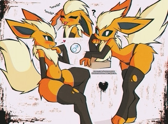 anthro anthro_focus armwear biped blep blush clothing duo eyes_closed femboy fur heart_symbol legwear looking_at_viewer male male_anthro orange_body orange_fur question_mark sitting solo solo_focus tongue tongue_out underwear daxterado nintendo pokemon eeveelution flareon generation_1_pokemon pokemon_(species) 2026