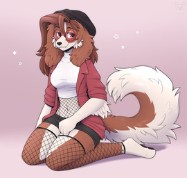 anthro big_tail black_bottomwear black_clothing black_nose black_shorts blush bottomwear brown_body brown_fur brown_hair cheek_tuft clothed clothing ears_down eyelashes eyewear facial_tuft female fishnet_clothing fishnet_stockings fishnet_topwear fur glasses hair hat headgear headwear jacket kneeling long_ears long_hair midriff monotone_hair multicolored_body multicolored_fur navel open_clothing open_jacket open_topwear paws pivoted_ears red_clothing red_eyes red_jacket red_topwear round_glasses shirt shorts simple_background snout solo sunglasses tail tan_body tan_fur topwear tuft two_tone_body two_tone_fur two_tone_tail white_clothing white_shirt white_topwear fleurfurr bird_dog canid canine canis domestic_dog hunting_dog mammal spaniel colored digital_drawing_(artwork) digital_media_(artwork) shaded