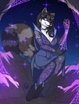 4_toes anthro barefoot black_hair black_nose black_pawpads blue_eyes breasts choker claws cleavage clothed clothing dress feet female hair jewelry legwear looking_at_viewer necklace night outside pawpads paws solo stockings toes inktiger sila_dione mammal procyonid raccoon 2022