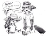 anthro clothing duo female fur hat headgear headwear male text penmark disney zootopia judy_hopps nick_wilde canid canine fox lagomorph leporid mammal rabbit red_fox true_fox 2015 english_text sketch