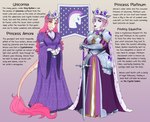 absurd_res anthro armor clothing crown dialogue dress english_text equid equine female friendship_is_magic gauntlets gloves handwear hasbro headgear hi_res horn lore mammal medieval medieval_clothing melee_weapon my_little_pony mythological_creature mythological_equine mythology princess princess_amore_(mlp) princess_platinum_(mlp) ring royalty standing sword text thecatnamedfish tiara unicorn weapon