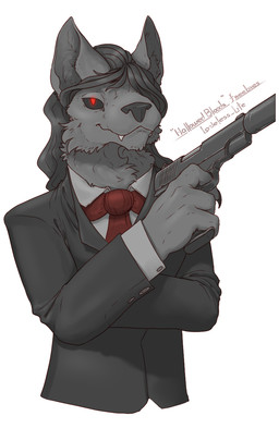 anthro claws clothed clothing fangs gift gun hair holding_object holding_weapon looking_at_viewer male ranged_weapon red_eyes simple_background smile solo suit teeth weapon kredri canid canine canis mammal vampire wolf hi_res