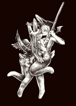 ambiguous_gender anthro bent_leg black_background blood bodily_fluids butt duo eye_contact eyelashes feathered_wings feathers female female/ambiguous floating gore hair hands_together holding_melee_weapon holding_object holding_polearm holding_scythe holding_weapon impalement killing long_hair looking_at_another melee_weapon membrane_(anatomy) membranous_wings nude nude_ambiguous nude_anthro nude_female polearm scut_tail scythe short_tail simple_background stab tail tears three-quarter_view violence weapon wings hotchickhell lagomorph leporid mammal rabbit 2025 full-length_portrait hi_res monochrome portrait
